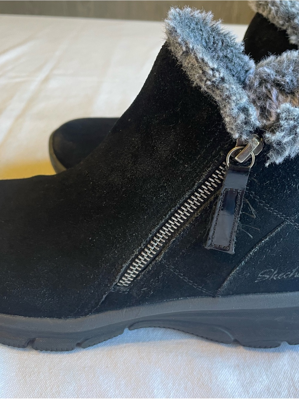 Skechers Black Suede Zip-Front Faux Fur Winter Ankle Boots